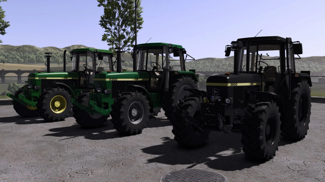 John Deere 3X50 Series tractors in FS25 mod, showcasing green and black models in a rural setting.