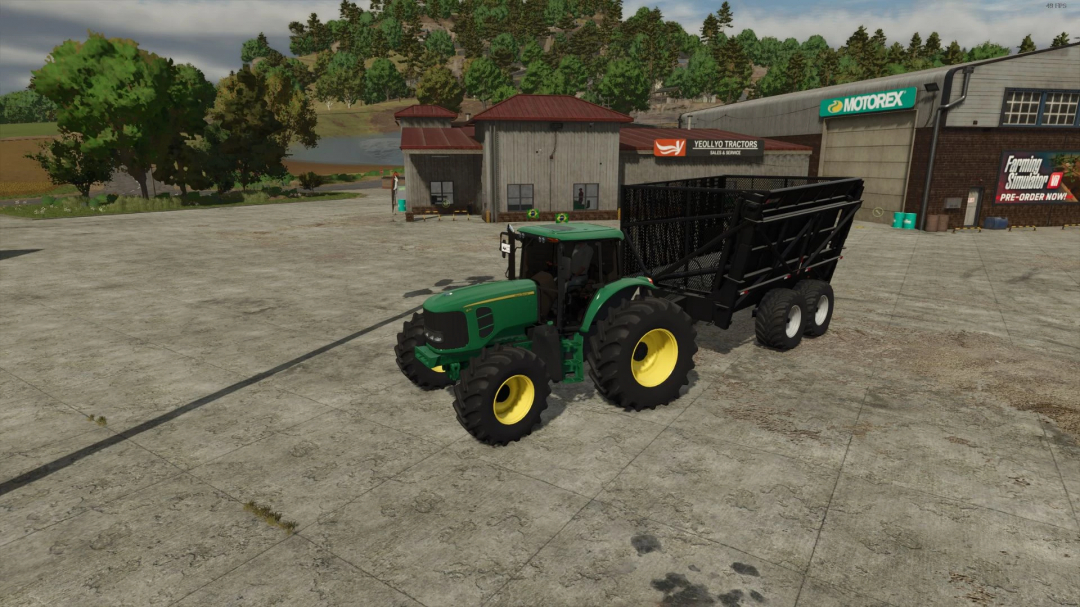 FS25 mod featuring John Deere 6J OLD v1.2.0.0 parked near buildings, with trees and hills in the background.