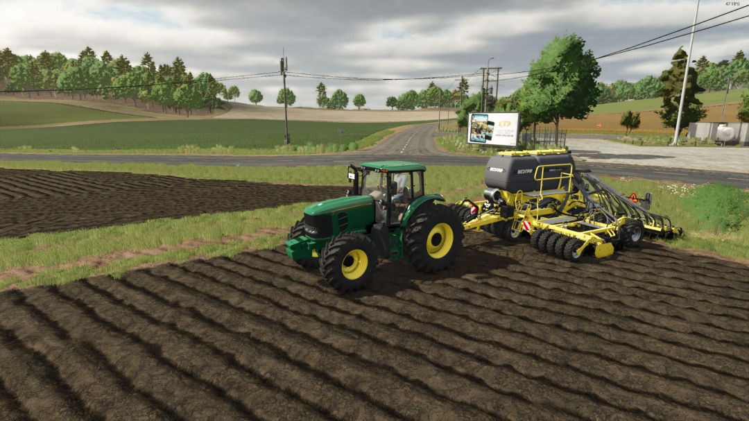 FS25 mod showcasing John Deere 6J OLD v1.2.0.0 tractor in a field, demonstrating Farming Simulator 25 gameplay.