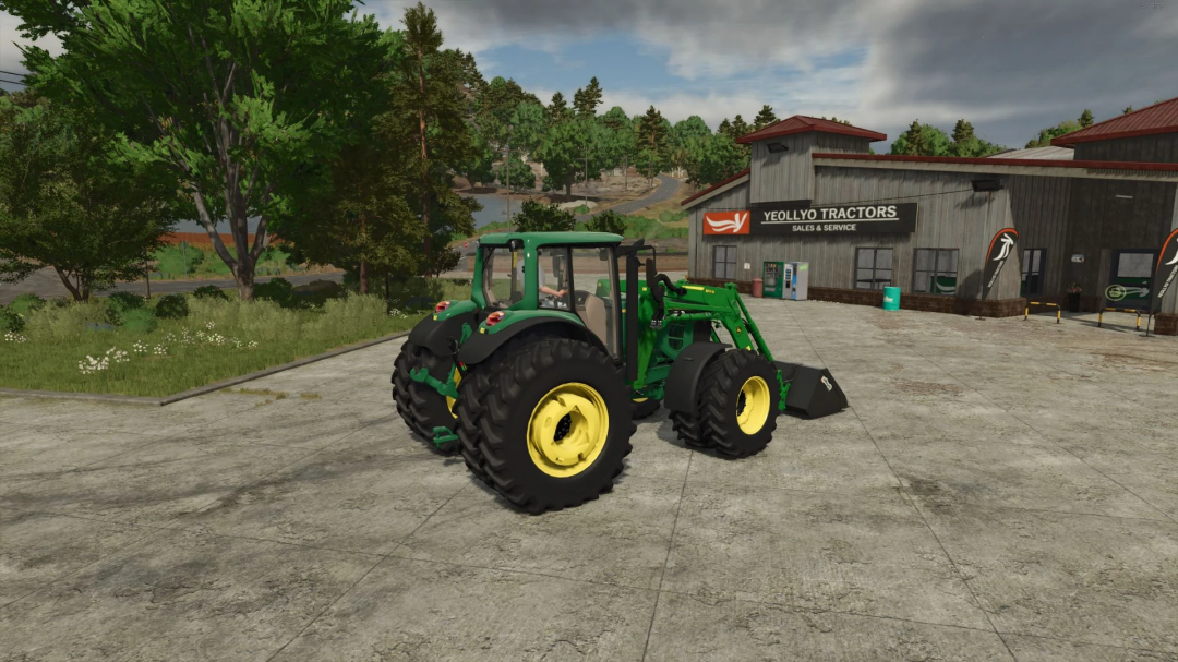 John Deere 6J OLD tractor mod for FS25 near a farm dealership.