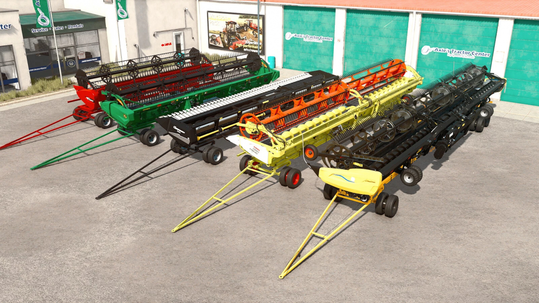 FS25 mods: Colorful agricultural trailers in John Deere GreenSystem Trailer Pack outside a Tractor Center.