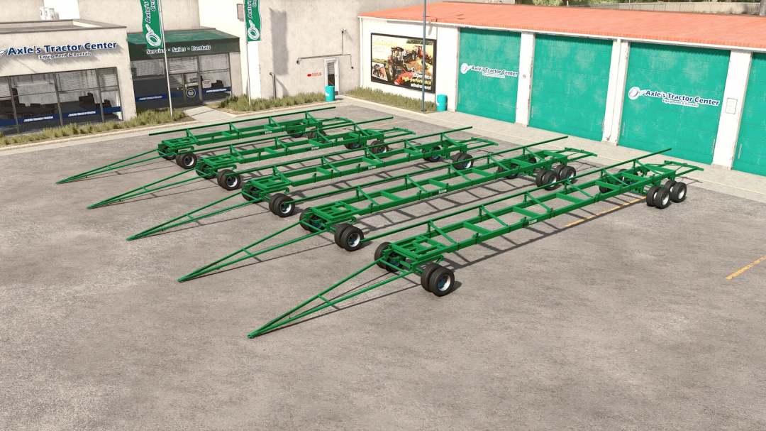 John Deere GreenSystem Trailer Pack v1.0.0.0 mods for FS25 displayed at Axle's Tractor Center.