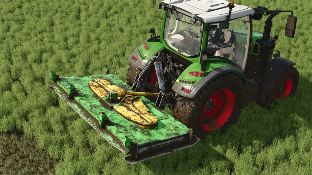 Tractor towing Joskin TR270C3 mod in Farming Simulator 25, mowing grass field.