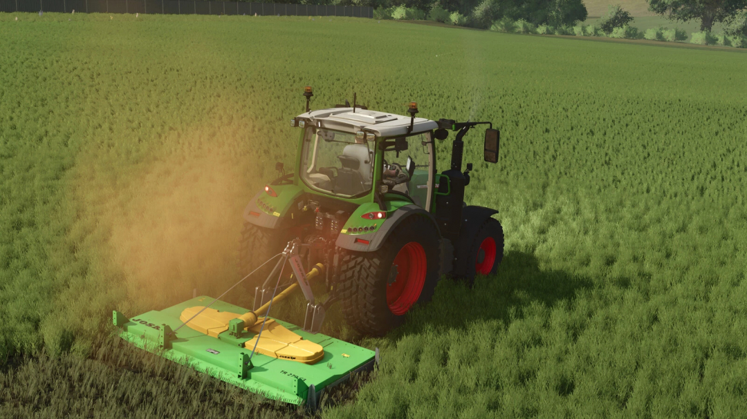 FS25 mod Joskin TR270C3 v1.0.0.0, a tractor mowing grass in a field.