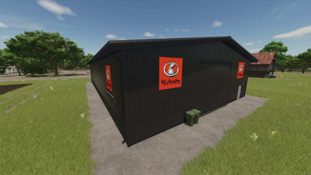 Kubota workshop mod for FS25, showcasing a black building with Kubota logos, set in a grassy field.