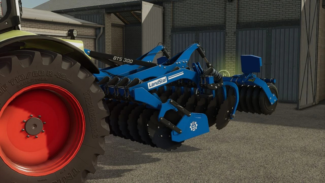 FS25 mod Landstal BTS 300 v1.0.0.0, a blue agricultural implement attached to a tractor.