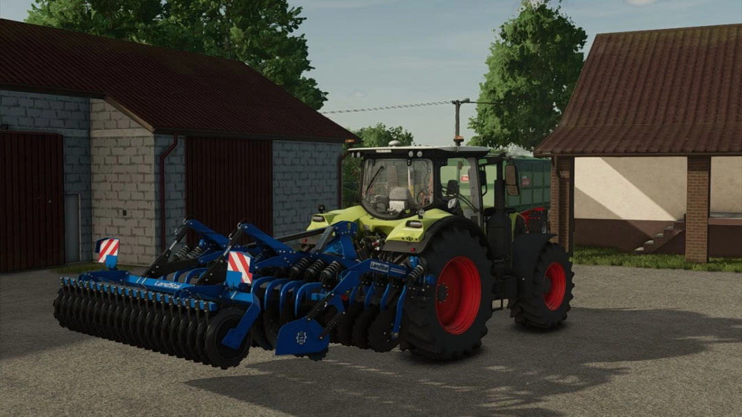 Landstal BTS 300 mod in Farming Simulator 25, showing equipment attached to a tractor near farm buildings.