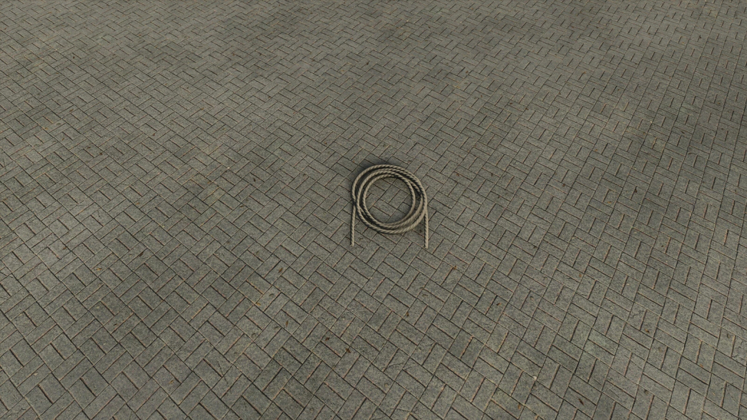 Leash mod in Farming Simulator 25, showing coiled rope on a tiled floor.