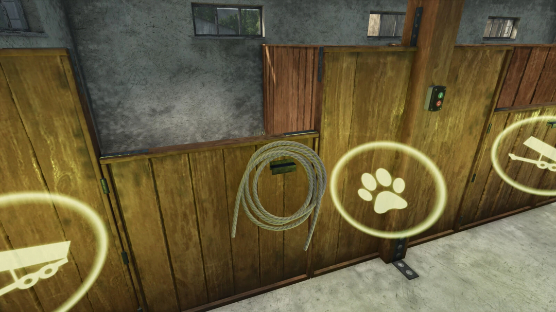 Leash mod in FS25 showing a coiled rope on a wooden wall with paw and trailer symbols.