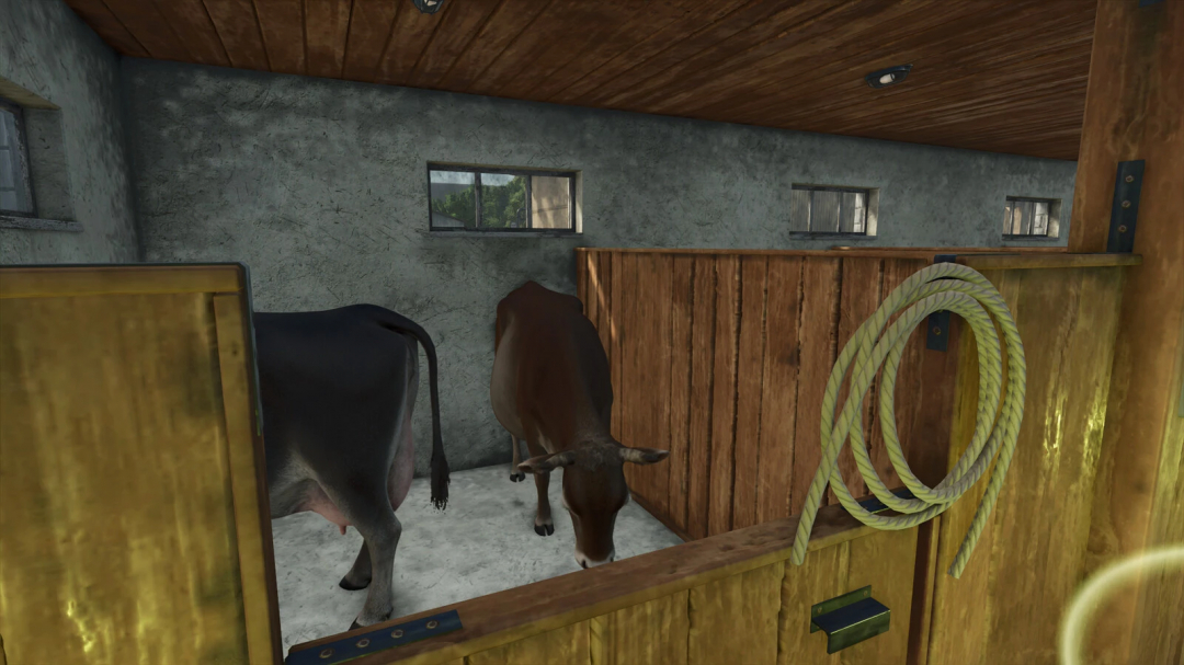 FS25 mod Leash v1.0.0.0 showing cows in a wooden stable with a hanging rope.