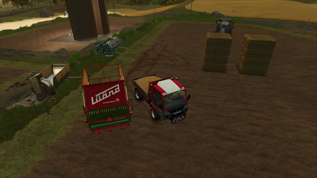 A Lindner Unitrac 122 with a trailer in FS25 mod, Farming Simulator 25 landscape, alongside hay bales and farming equipment.