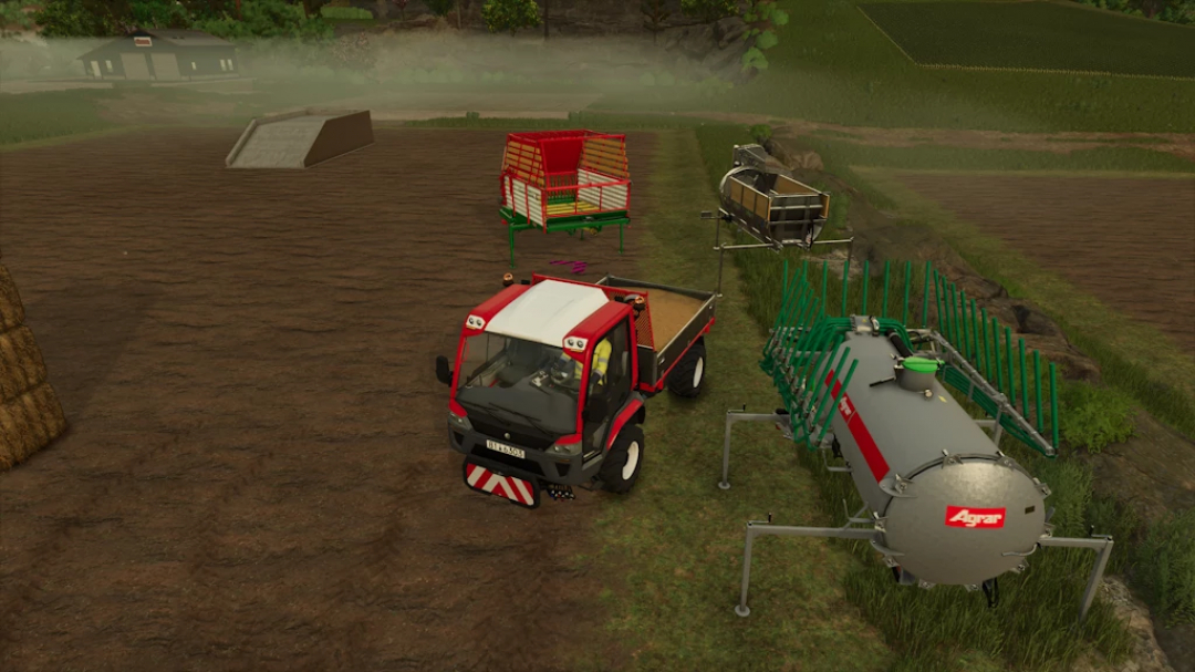 Farming Simulator 25 mod featuring the Lindner Unitrac 122 truck with farming equipment on a field. FS25 mods.