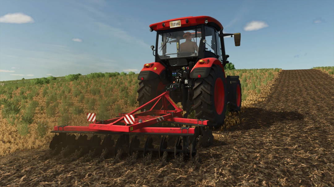 Lizard Disc Harrow 2.4 mod in FS25, red tractor plowing a field.