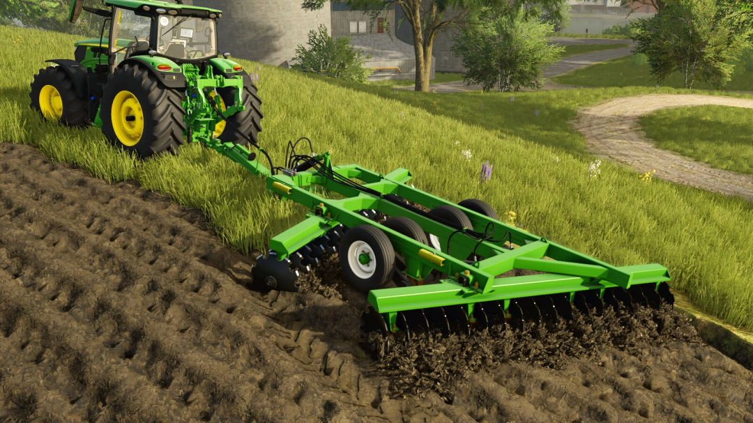 FS25 mod Lizard SAC Pack v1.0.0.0 features a green tractor with a plow, cultivating a field in Farming Simulator 25.