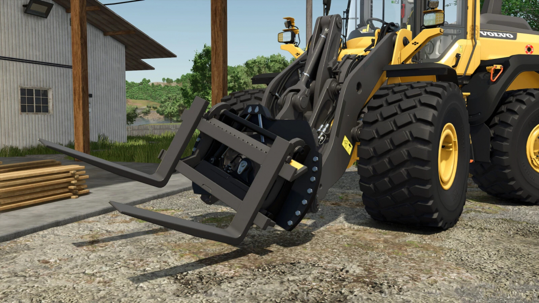 FS25 mod Lizard Tilt Attach v1.0.0.0 showing a loader with adjustable forks in a farm setting.