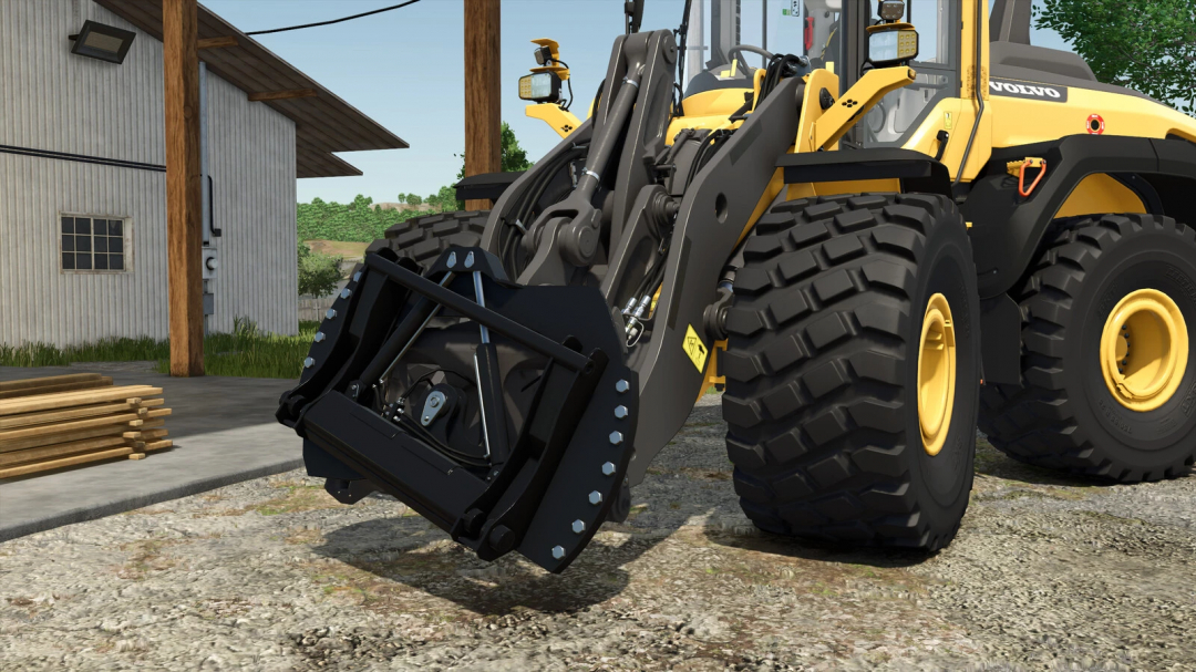 Lizard Tilt Attach v1.0.0.0 mod for FS25, showing detailed view of front loader attachment on a yellow vehicle.