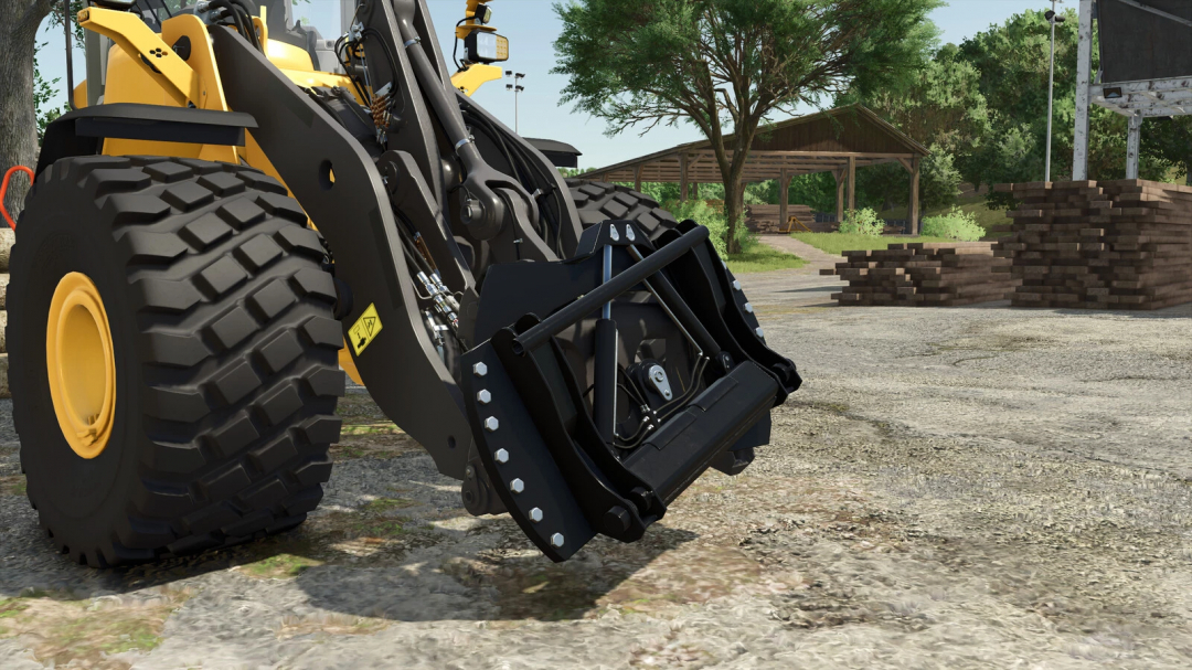 Lizard Tilt Attach mod in FS25, showing tractor attachment on rugged terrain with woodpile backdrop.