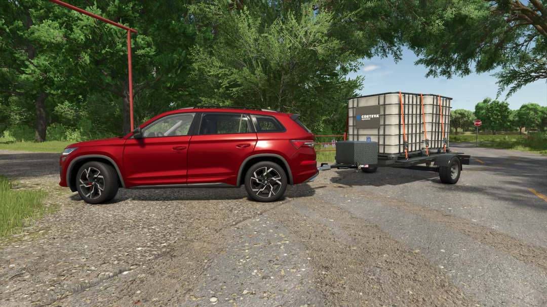 FS25 mod Marlon MC3 v1.0.0.0 showing a red SUV towing a water tank trailer in a leafy setting.