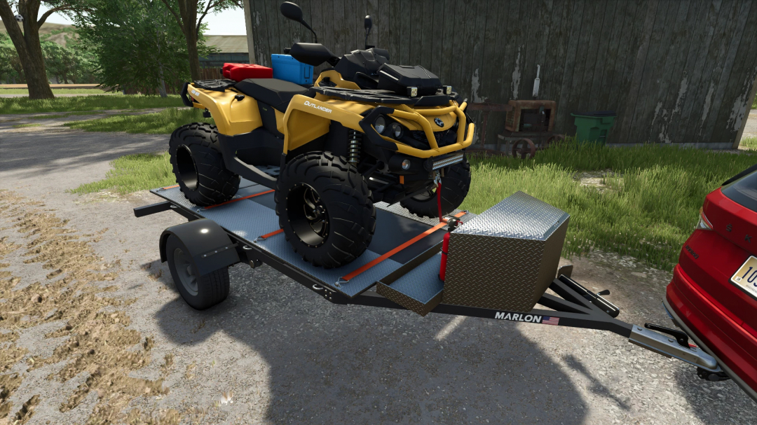 FS25 mod featuring Marlon MC3 trailer carrying a yellow quad, set on a farm road in Farming Simulator 25.