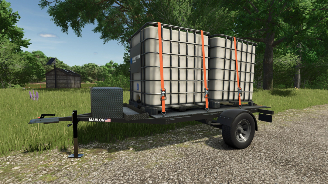 FS25 mod Marlon MC3 v1.0.0.0, showing a utility trailer with strap-secured tanks on a rural path.