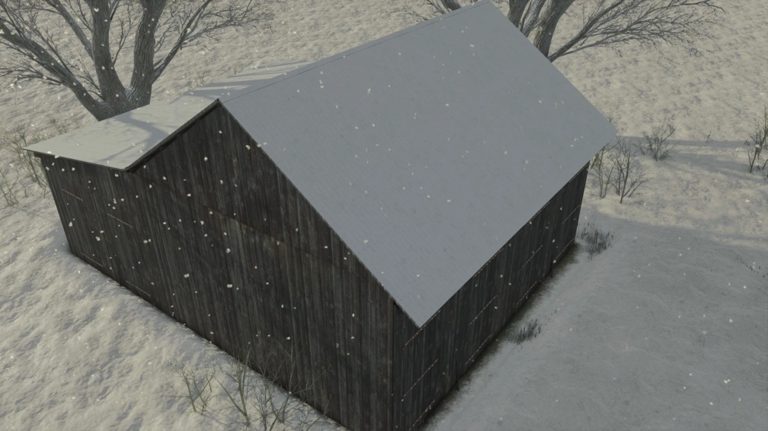 Medium wooden garage from FS25 mods in snowy landscape.