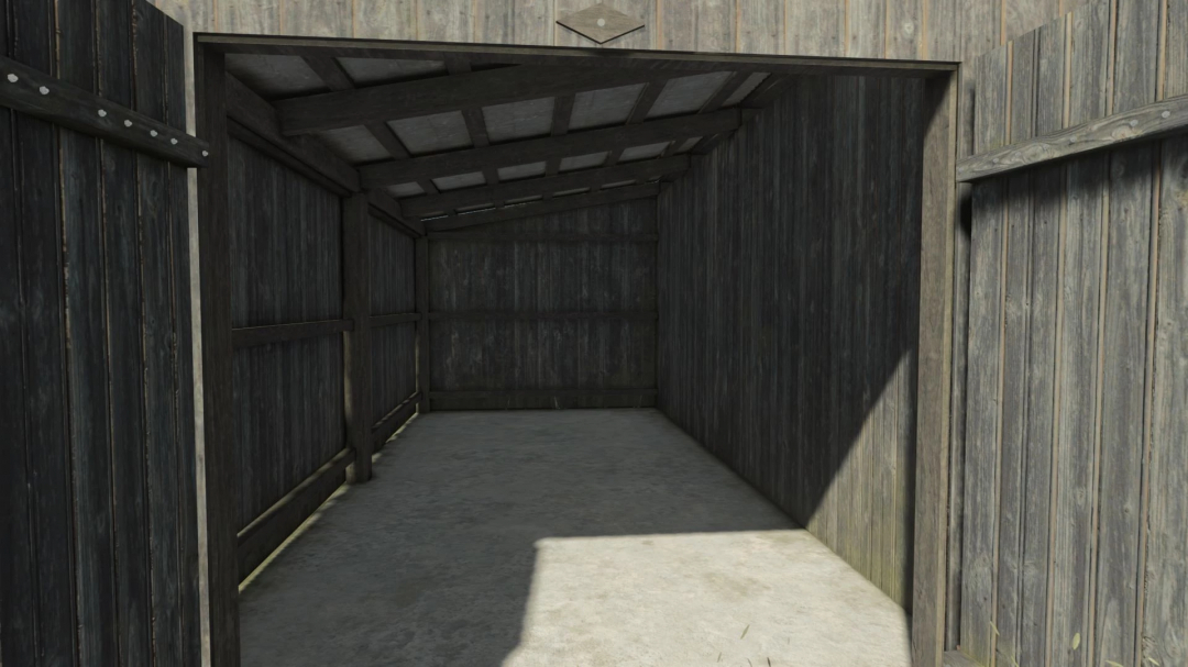 Interior of a medium wooden garage mod in Farming Simulator 25, showcasing wooden walls and concrete floor.