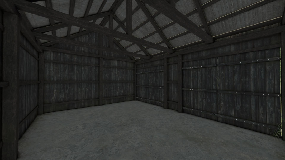 Interior of Medium Wooden Garage mod for FS25, showcasing wooden beams and walls in Farming Simulator 25.