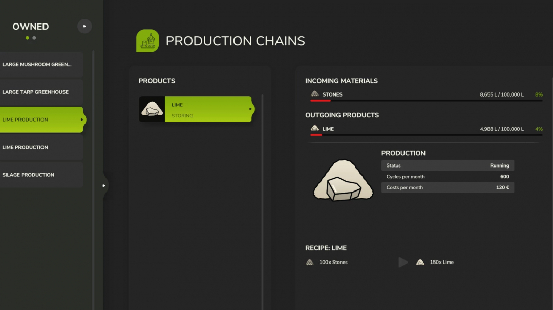 FS25 mod Mini Lime Production interface showing lime storing and incoming materials.