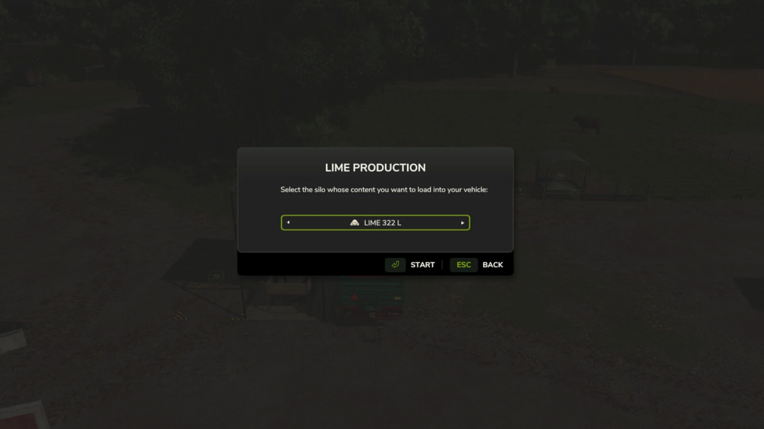 Lime production interface in FS25 mod Mini Lime Production v1.0.0.0 showing 322L to load into vehicle.