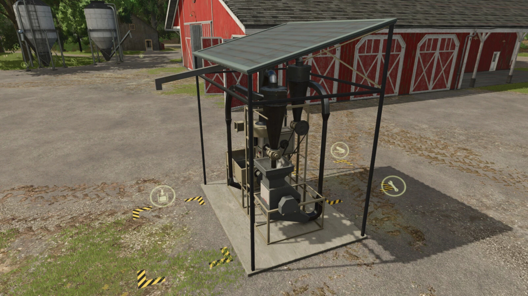 Mini Lime Production mod in FS25, showcasing a small lime production machine with a roof, situated in front of a barn.