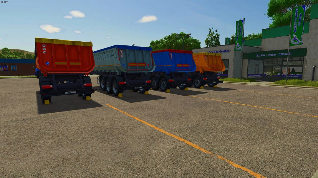 NEFAZ 9509 semi trailer in various colors parked at a service center in FS25 mods.