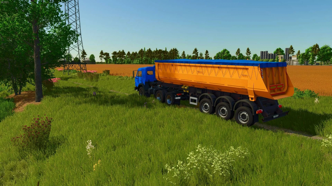 FS25 mod NEFAZ 9509 semi trailer v1.0.0.0 on a grassy field next to a powerline tower.