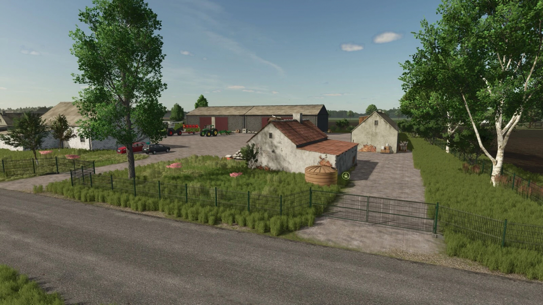 Farming Simulator 25 New Bartelshagen mod farm scene with buildings and vehicles.