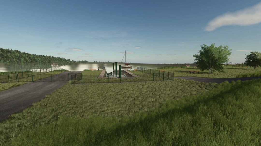 Scenic view of New Bartelshagen mod in FS25, featuring a lakeside area with a dock, trees, and greenery.