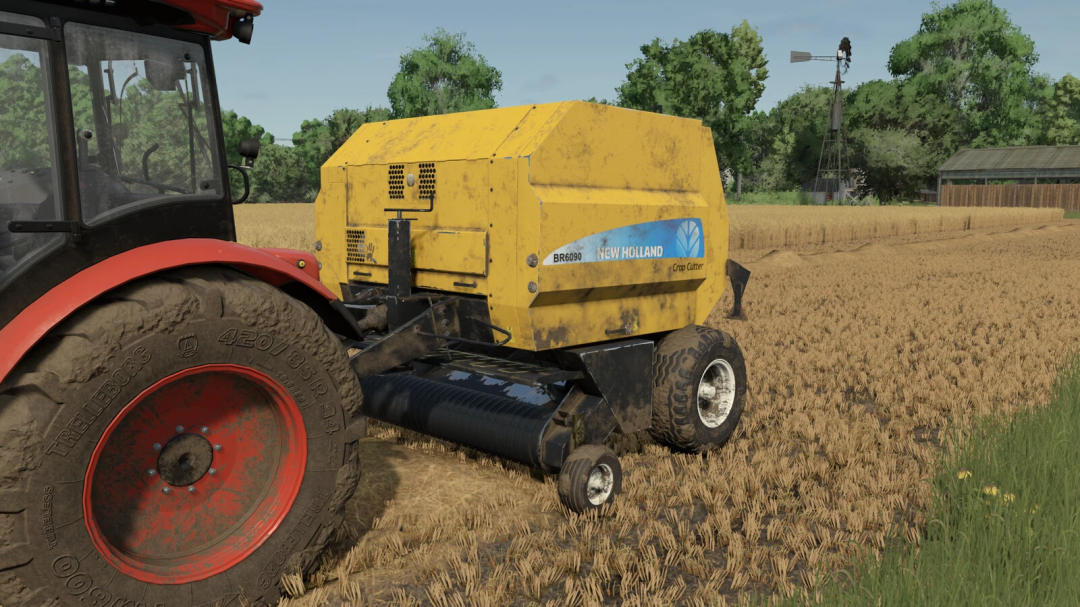 FS25 mod New Holland BR 6090 baler in wheat field