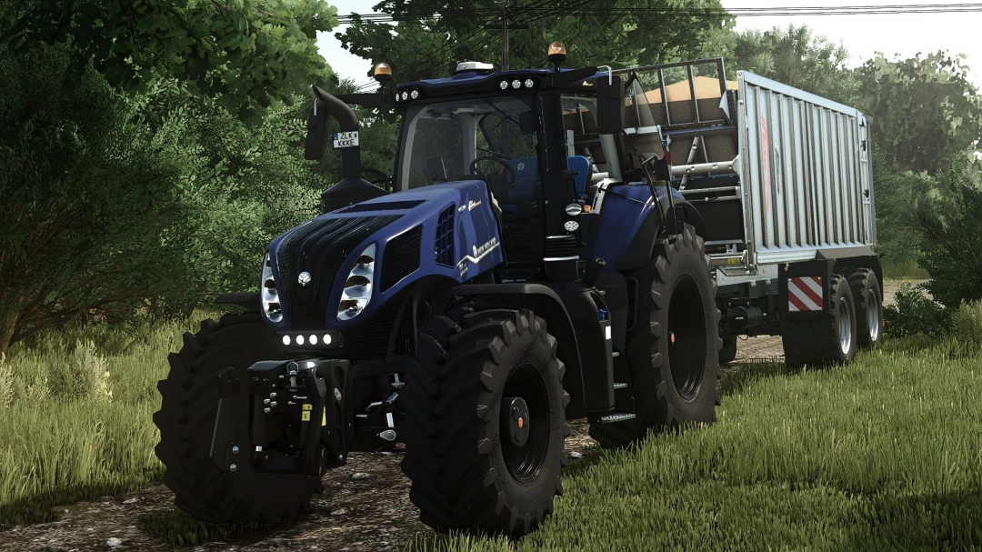 New Holland T8 ICS tractor in FS25 mod, parked on a dirt road with a trailer in Farming Simulator 25.