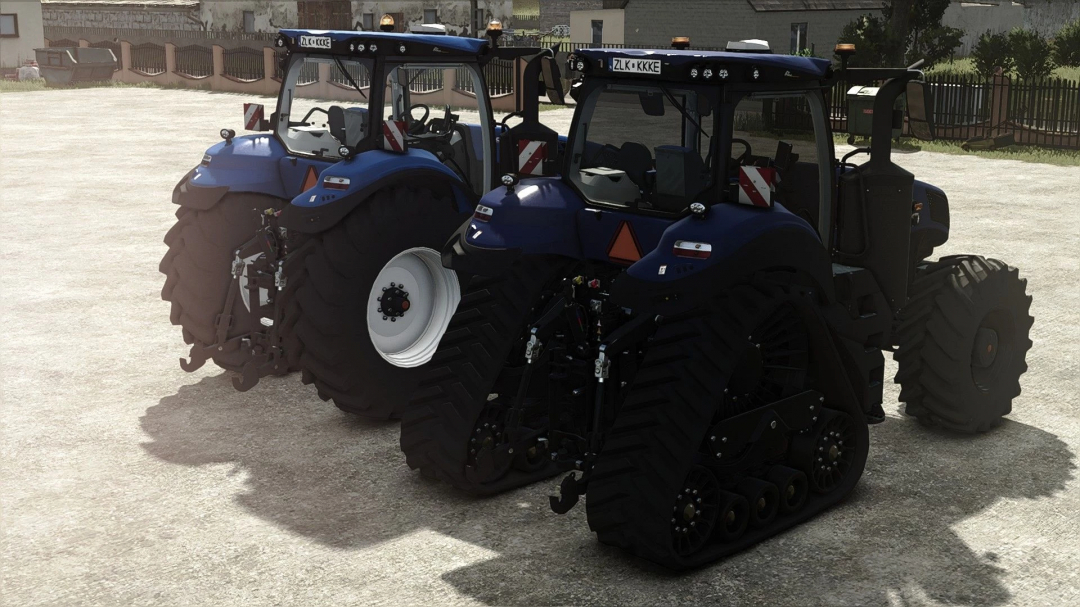 Two New Holland T8 ICS tractors in a yard, featured in FS25 mods.