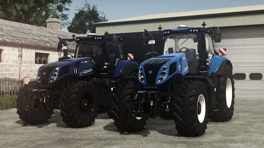 New Holland T8 ICS mod in Farming Simulator 25, showcasing two tractors parked in front of a farm building.