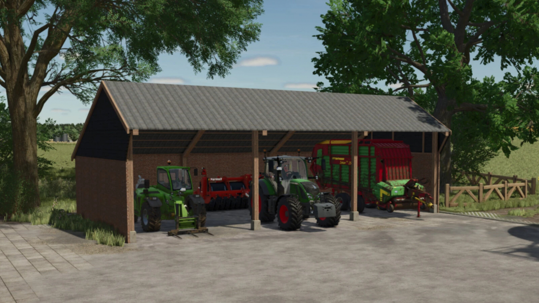 Old German Barn Pack in FS25 featuring a barn with tractors and farming equipment.