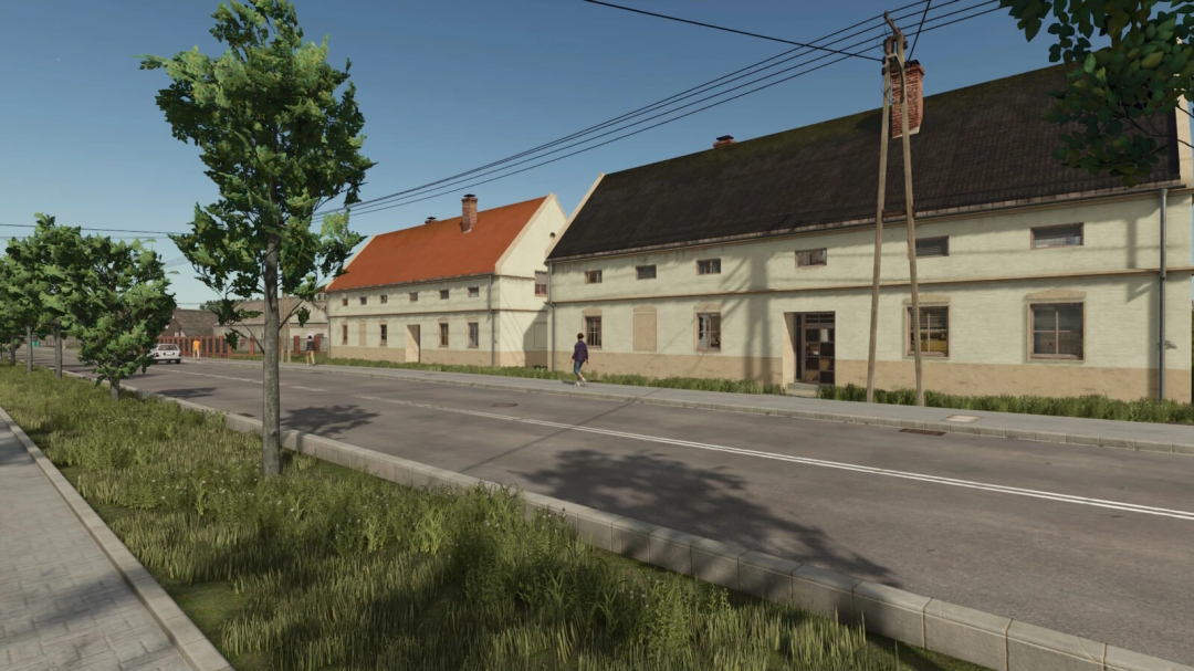 Old Residential Building mod for FS25, featuring rustic houses along a street with trees.