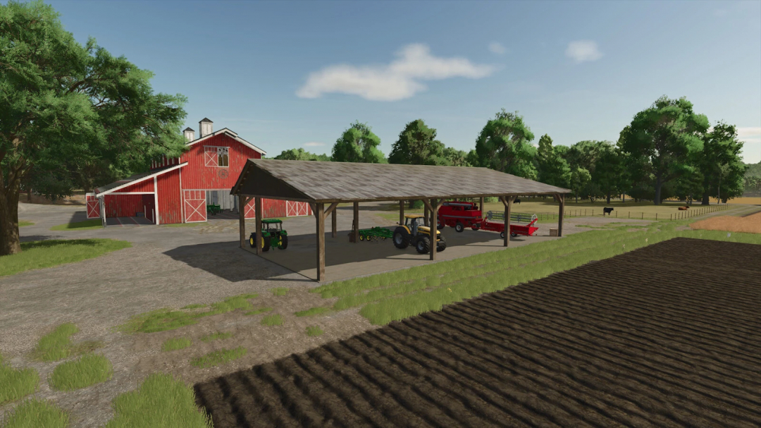 Old wooden shed with farm equipment in FS25 mod 'Old Shed Wood v1.0.0.0', next to a red barn and fields.