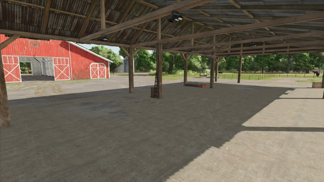 FS25 mod Old Shed Wood v1.0.0.0 showing inside view of a wooden structure and a red barn in Farming Simulator 25.