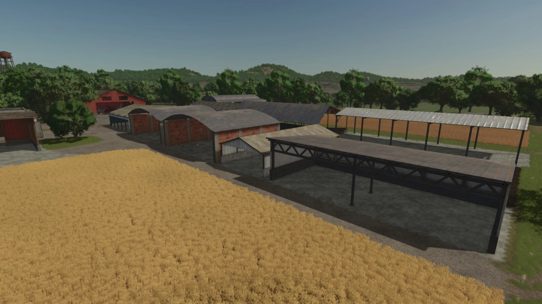 Old Time Shed Pack v1.0.0.0 mod for FS25 features rustic farm buildings and a field, enhancing Farming Simulator 25 gameplay.