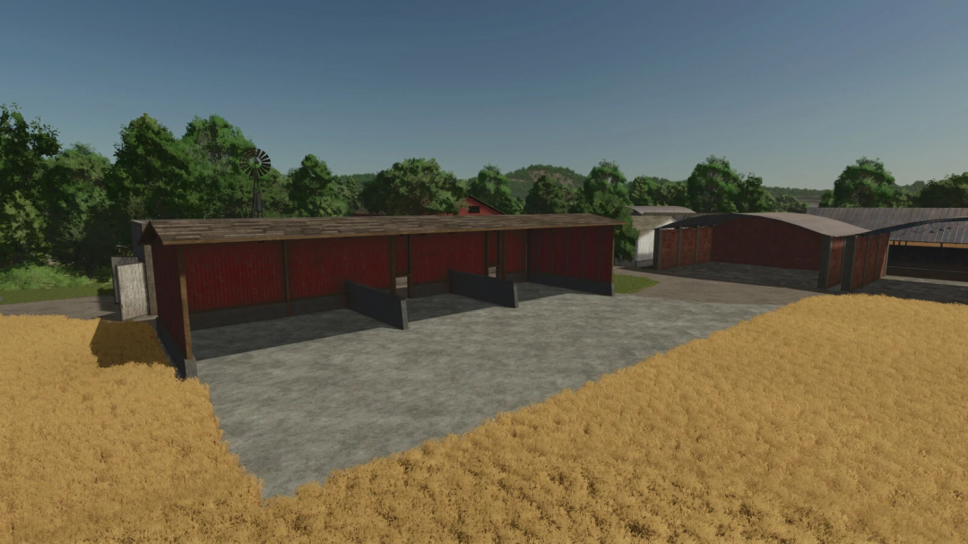 FS25 mod Old Time Shed Pack v1.0.0.0 with rustic red barns in a field, Farming Simulator 25 scene.