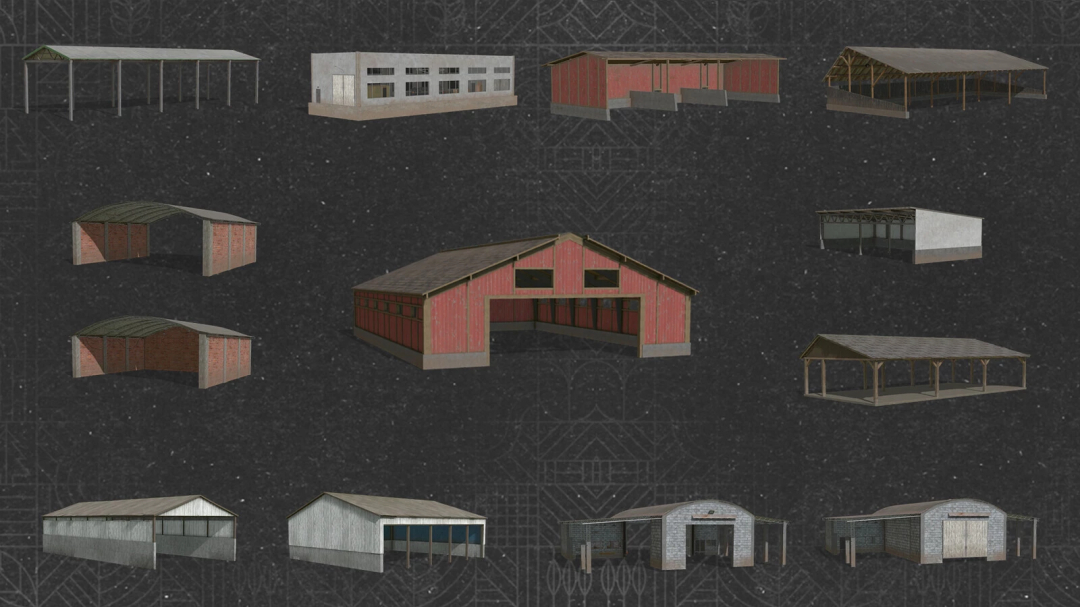 Various shed designs from Old Time Shed Pack mod for Farming Simulator 25.