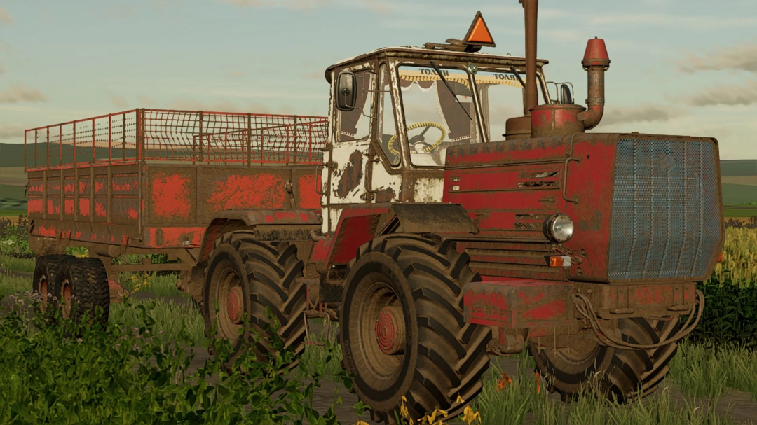 FS22 mod PRT-10 trailer v1.1.0.0 with a vintage red tractor on a farm.