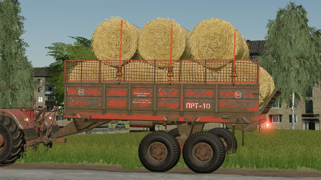 FS22 mod PRT-10 trailer carrying hay bales in Farming Simulator 22.