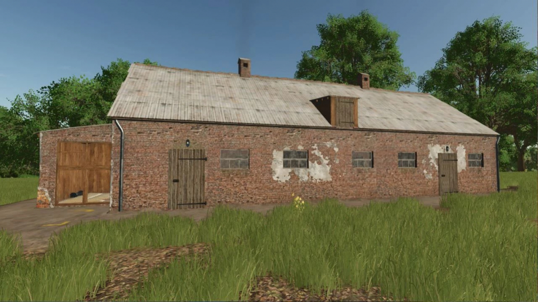 FS25 mod showing old brick building with a weathered roof in grassland, part of Pack of old brick buildings v1.0.0.0.