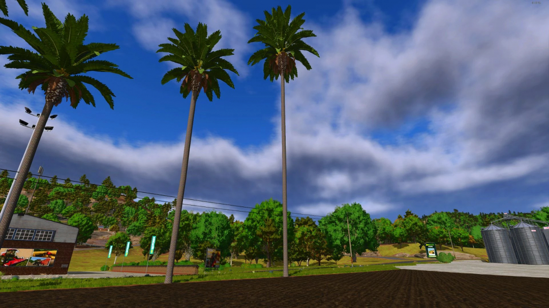 Palm trees in Farming Simulator 25 mod landscape, showcasing Palm tree pack v1.0.0.0 under a blue cloudy sky.