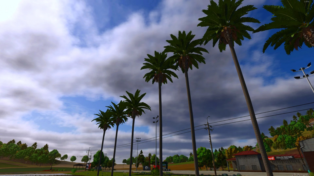 FS25 mods Palm tree pack. Tall palm trees under a cloudy sky in Farming Simulator 25.